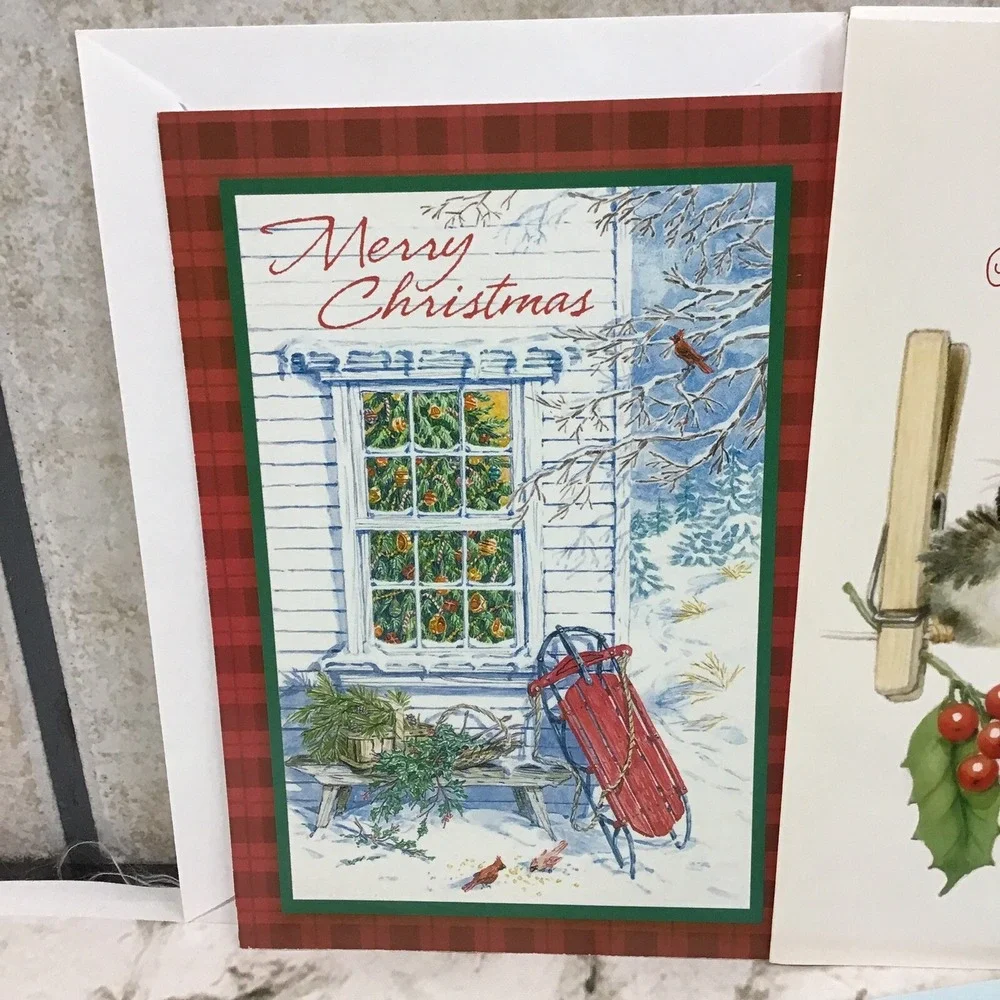 Vintage Holiday Christmas Cards Assorted Lot Of 5 Snowmen Sled Holly Berries